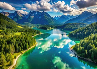 Naklejka premium Bavaria's Sylvensteinsee: a stunning aerial view of mountain lake scenery captured by drone photography.
