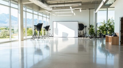 Collaborative learning space with photography setup modern studio interior design bright environment wide angle view creative concept