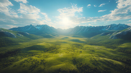 Naklejka premium Vast green valley with mountains under blue sky.
