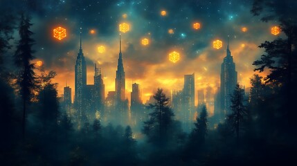 Fototapeta premium Glowing Cubes Illuminate City Skyline Through Forest