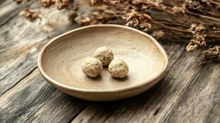Swedish meatballs served on a hand-thrown clay plate, isolated on a rustic wooden table with dried flowers