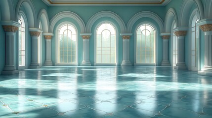 Sunlit grand hall with arched windows, teal walls, and polished floor.