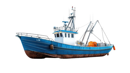 A detailed view of a classic fishing boat in vibrant blue color. transparent background