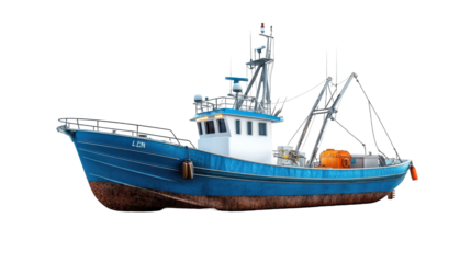 A detailed view of a classic fishing boat in vibrant blue color. transparent background