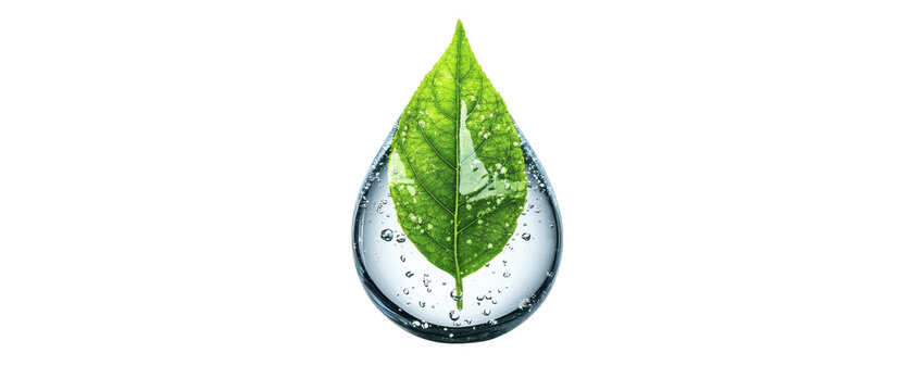 A drop of water with a green leaf symbolizing nature and purity. transparent background