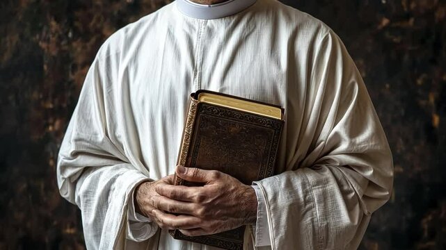 A Priest's Hands Reverently Holding an Ornate Ancient Book