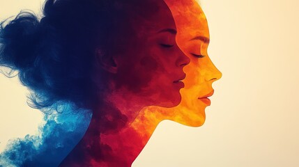 Abstract representation of two faces blending with colorful smoke, symbolizing duality and emotion.