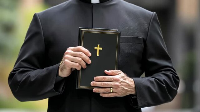 A man in black clerical garb holding a black bible with a gold cross.
