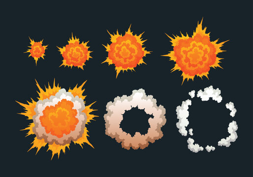 Explosion animation. Animation for game of the explosion effect. Cartoon animation for game. Exploding effect frames. Hand drawn vector illustration