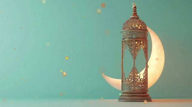 Moon and golden lantern Ramadan concept copy space greeting. Eid Al Fitr.