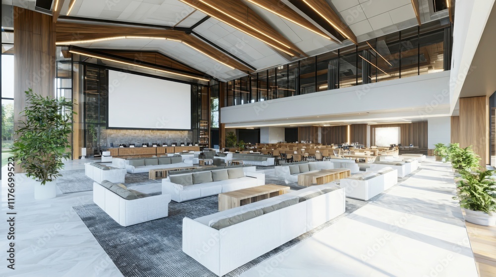 Poster collaborative learning space for virtual events in modern architecture business environment wide-ang