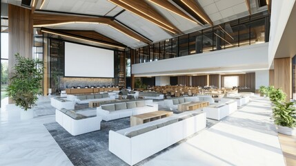 Obraz premium Collaborative learning space for virtual events in modern architecture business environment wide-angle view innovative design