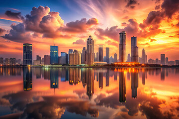Fototapeta premium stunning cityscape at dusk, reflecting vibrant colors in water