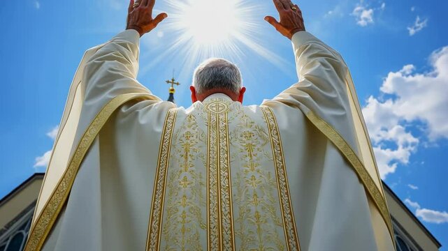 Priest in white chasuble raises hands in prayer, sunlit sky and church in background.