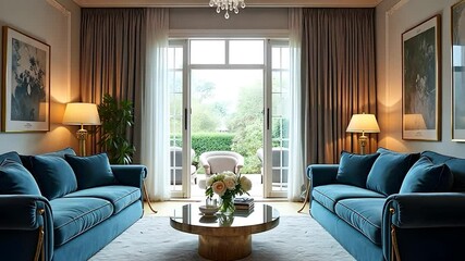 Elegant Living Room with Blue Sofas, Open Doors to Garden and Classic Decor
