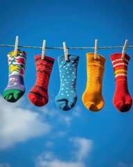 A vibrant display of colorful socks hanging against a bright blue sky.