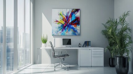 A sleek Zoom room background with light gray walls, a minimalist desk, and modern artwork