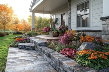 Obraz premium Craftsman-Style Home with Swing and Fall Decor on Front Porch. Concrete Sidewalk and Flower Bed with Large Rocks in Foreground.