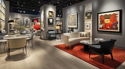 A stylish Zoom room with light gray walls, modern furniture, and a gallery wall display