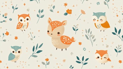 Adorable fawn and owls seamless pattern.