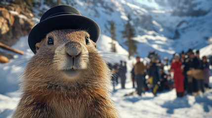 Punxsutawney Phil the famous groundhog in black hat, in snow on Groundhog Day, February 2
