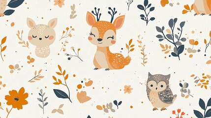 Cute woodland animals and floral seamless pattern.
