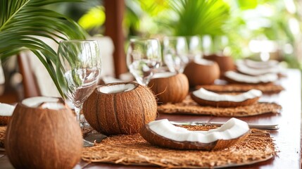 A table setup with coconut water glasses and cut coconuts in a tropical vibe