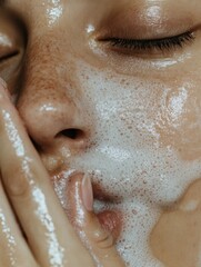 Fototapeta premium close up photo of woman washing face with facial soap, white background, beauty photography, beauty magazine cover style photoshoot