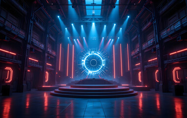 A dark warehouse with glowing LED lights, a futuristic stage, and a virtual night blue cyber alien...