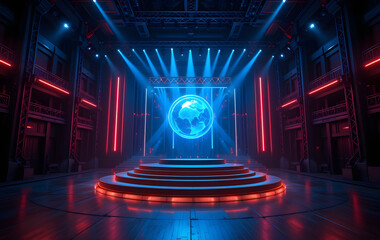 Obraz premium A dark warehouse with glowing LED lights, a futuristic stage, and a virtual night blue cyber alien spaceship creates a 3D rendering of a concert showroom podium in a laser-lit studio