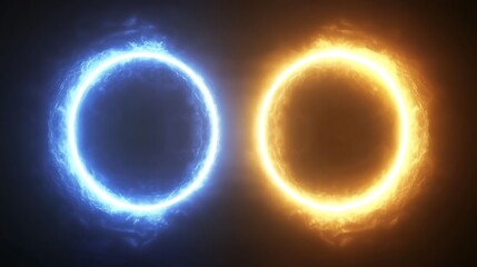 Two glowing circular rings of fire and ice