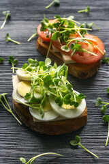 Sandwiches with microgreens, egg and tomatoes