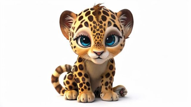 Cute Baby Leopard Cub Animation Loop: Adorable 3D Cartoon Character with Blue Eyes on White Background