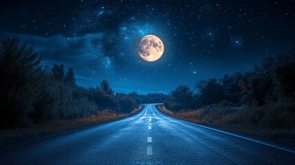 Fototapeta premium Night road leading to a full moon under a starry sky.