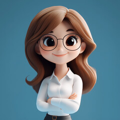Friendly animated character with glasses and long hair, smiling confidently against a blue background