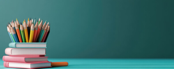 Watercolor school scene, vibrant colors, 3D illustration, foreground emphasis, ample space for text, ideal for educational themes.