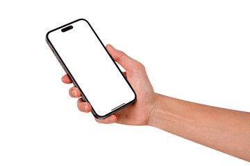 Hand showing smartphone with blank screen isolated.
