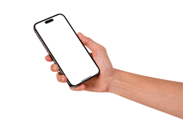 Hand showing smartphone with blank screen isolated.