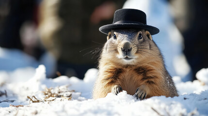 Punxsutawney Phil the famous groundhog in black hat, in snow on Groundhog Day, February 2