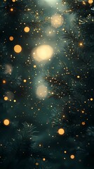 Obraz premium Abstract blurred glowing light clusters within green pine branches creating a warm and festive seasonal atmosphere style book illustration