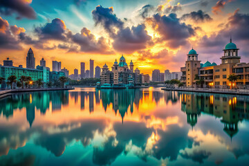 Obraz premium Stunning sunset over city skyline reflecting in calm water