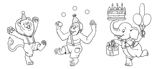 Silhouette of funny animals celebrating birthday. Templates for children's birthdays and for coloring.