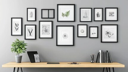 A Zoom background with a light gray color scheme, minimalist decor, and framed prints