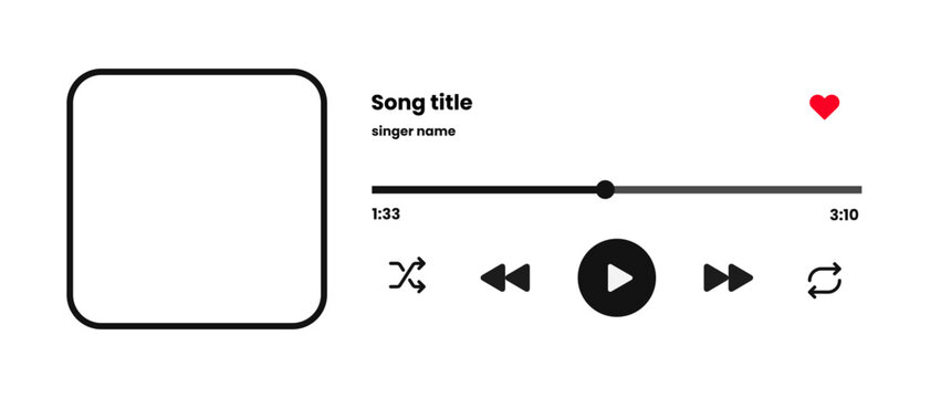 Audio player UI with a horizontal layout, including a song photo frame, control buttons, a loading bar, and a sound wave, designed as a vector illustration on a white background.