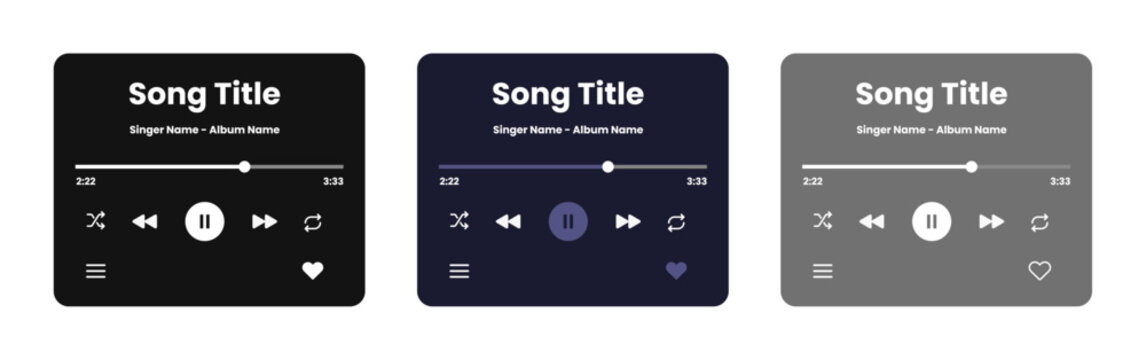 Music player UI and UX set with three simple style designs showing Profile, Album, Song, and Playlist mockups, perfect for app screens. Vector illustration.