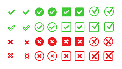 Green check mark and red cross icons: Flat style set for Yes-No, Approved-Rejected, Right-Wrong decisions. Vector illustration.