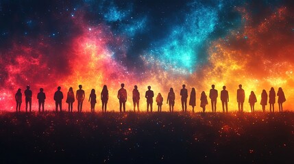 Silhouettes of people against a vibrant cosmic background, symbolizing unity and diversity.