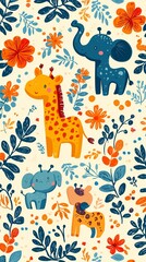 Obraz premium Cute safari animals and floral pattern.