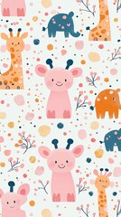 Obraz premium Cute giraffes, elephants, and floral elements on a pastel background.