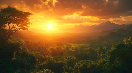 Obraz premium Serene sunset over lush mountains and valleys.